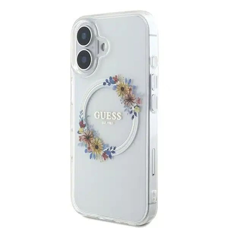 Laptop, Telefoane si Tablete - Telefoane mobile si accesorii - Accesorii Telefoane - Huse telefoane - Husa pentru iPhone 16 - Guess IML Flowers Wreath MagSafe (GUHMP16SHFWFCT) - Transparent - Infinity.ro
