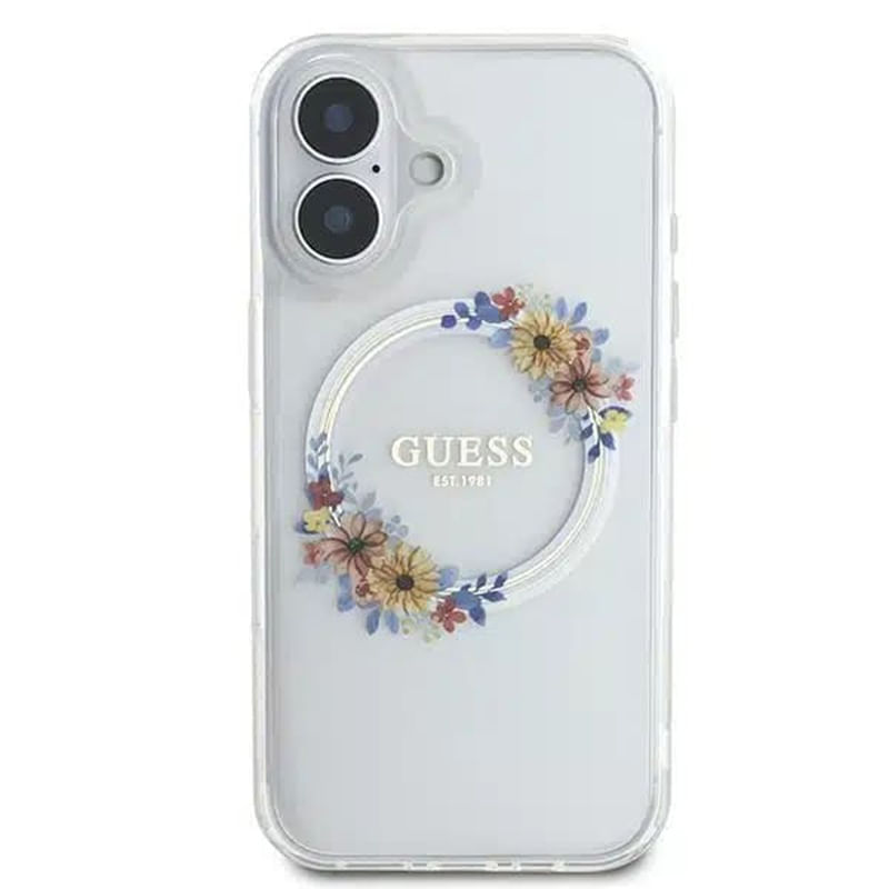 Laptop, Telefoane si Tablete - Telefoane mobile si accesorii - Accesorii Telefoane - Huse telefoane - Husa pentru iPhone 16 - Guess IML Flowers Wreath MagSafe (GUHMP16SHFWFCT) - Transparent - Infinity.ro