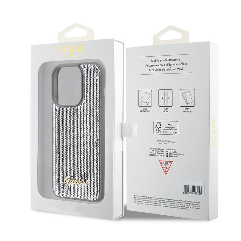 Laptop, Telefoane si Tablete - Telefoane mobile si accesorii - Accesorii Telefoane - Huse telefoane - Husa pentru iPhone 15 Pro Max - Guess Sequin Script Metal (GUHCP15XPSFDGSS) - Argintiu - Infinity.ro