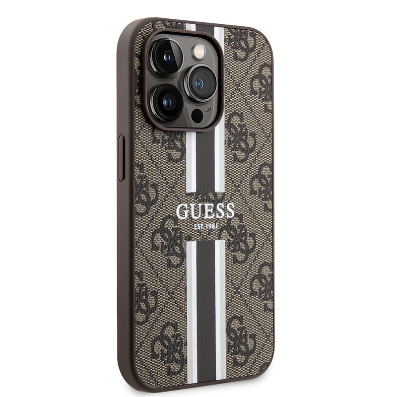 Laptop, Telefoane si Tablete - Telefoane mobile si accesorii - Accesorii Telefoane - Huse telefoane - Husa pentru iPhone 15 Pro Max - Guess Hardcase 4G Printed Stripes MagSafe (GUHMP15XP4RPSW) - Maro - Infinity.ro