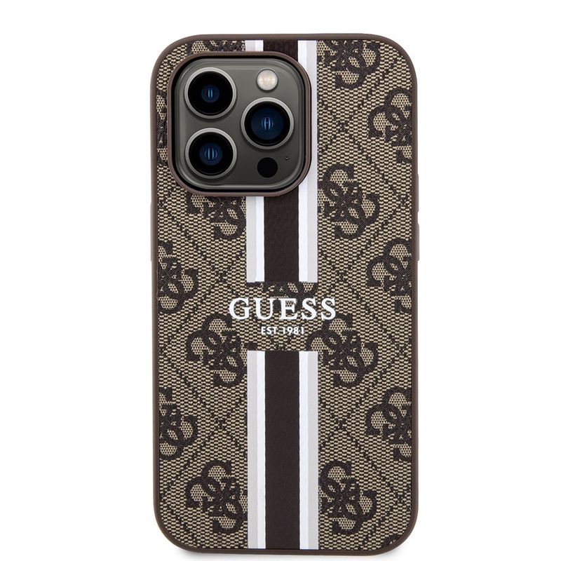 Laptop, Telefoane si Tablete - Telefoane mobile si accesorii - Accesorii Telefoane - Huse telefoane - Husa pentru iPhone 15 Pro Max - Guess Hardcase 4G Printed Stripes MagSafe (GUHMP15XP4RPSW) - Maro - Infinity.ro