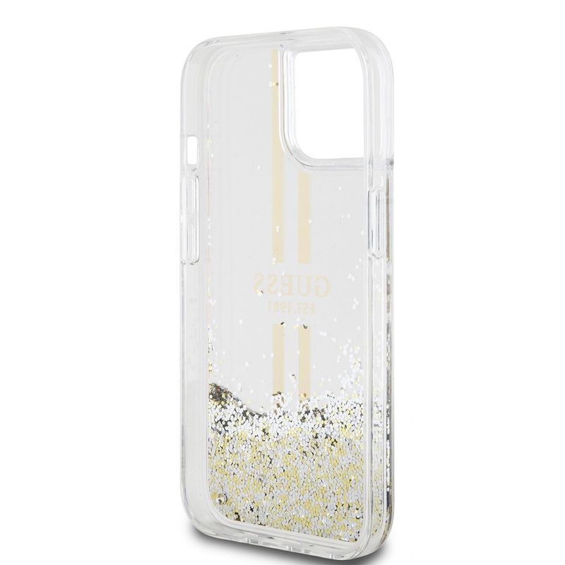 Laptop, Telefoane si Tablete - Telefoane mobile si accesorii - Accesorii Telefoane - Huse telefoane - Husa pentru iPhone 15 Plus - Guess Liquid Glitter Auriu Stripes (GUHCP15MLFCSEGT) - Transparent - Infinity.ro