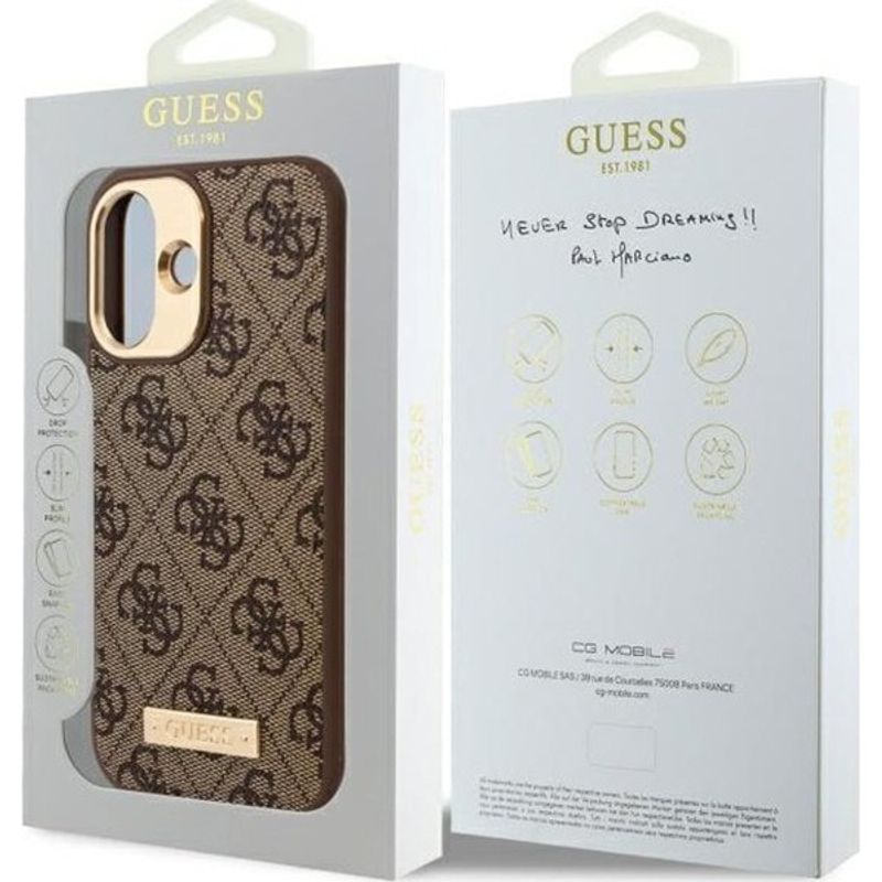 Laptop, Telefoane si Tablete - Telefoane mobile si accesorii - Accesorii Telefoane - Huse telefoane - Husa pentru iPhone 16 - Guess Hardcase 4G Logo Plate MagSafe (GUHMP16SU4GPRW) - Maro - Infinity.ro