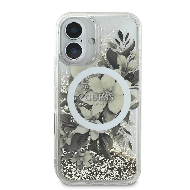 Laptop, Telefoane si Tablete - Telefoane mobile si accesorii - Accesorii Telefoane - Huse telefoane - Husa pentru iPhone 16 - Guess Liquid Glitter Flower MagSafe (GUHMP16SLFMWTE) - Bej - Infinity.ro
