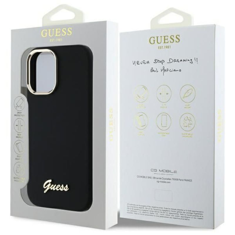 Laptop, Telefoane si Tablete - Telefoane mobile si accesorii - Accesorii Telefoane - Huse telefoane - Husa pentru iPhone 16 Plus - Guess Silicone Script Metal Logo & Frame (GUHCP16MSMBSLK) - Negru - Infinity.ro