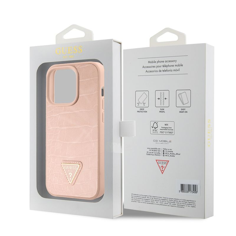 Laptop, Telefoane si Tablete - Telefoane mobile si accesorii - Accesorii Telefoane - Huse telefoane - Husa pentru iPhone 15 Pro Max - Guess Croco Triangle Metal Logo (GUHCP15XPCRTHCP) - Roz - Infinity.ro