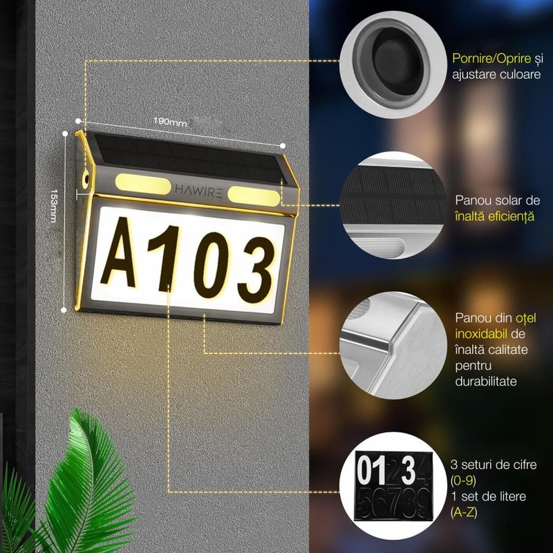 Casa si Gradina - Gradina si terasa - Garduri, panouri si accesorii - Numar de casa din otel inoxidabil cu panou solar HAWIRE DS-HNL, Iluminare 10 leduri, 5V 300 mAh, 3 tipuri de iluminare - Infinity.ro