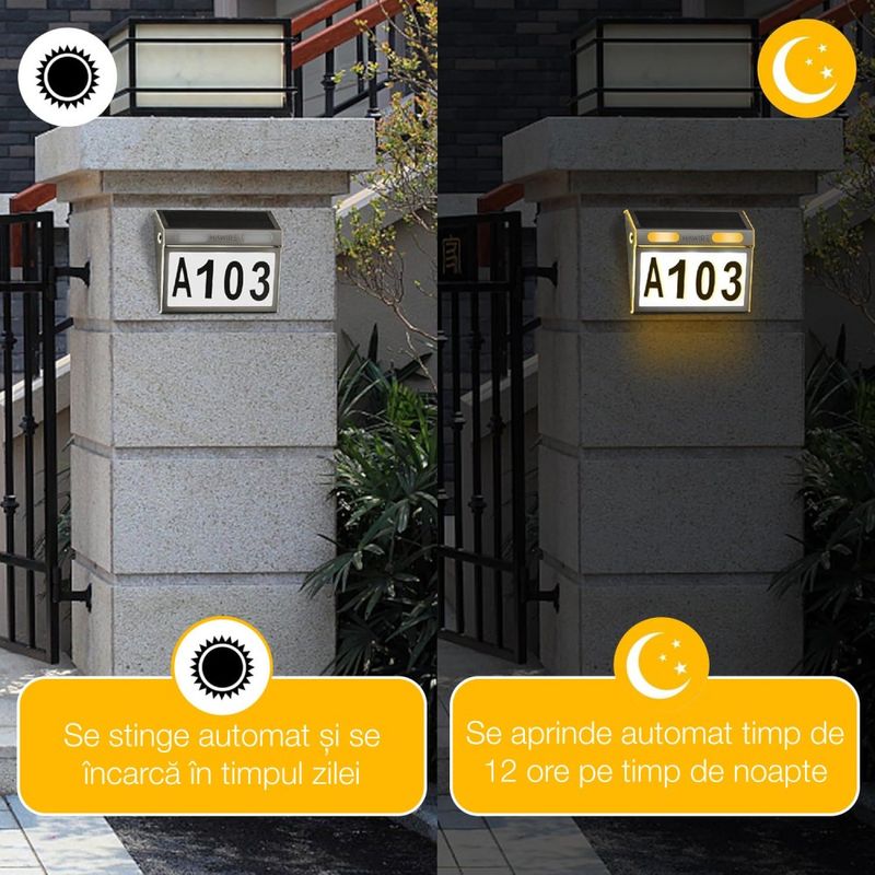 Casa si Gradina - Gradina si terasa - Garduri, panouri si accesorii - Numar de casa din otel inoxidabil cu panou solar HAWIRE DS-HNL, Iluminare 10 leduri, 5V 300 mAh, 3 tipuri de iluminare - Infinity.ro