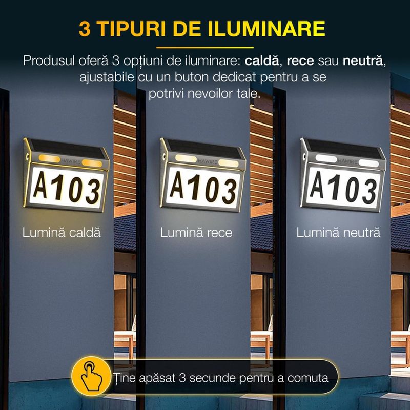 Casa si Gradina - Gradina si terasa - Garduri, panouri si accesorii - Numar de casa din otel inoxidabil cu panou solar HAWIRE DS-HNL, Iluminare 10 leduri, 5V 300 mAh, 3 tipuri de iluminare - Infinity.ro