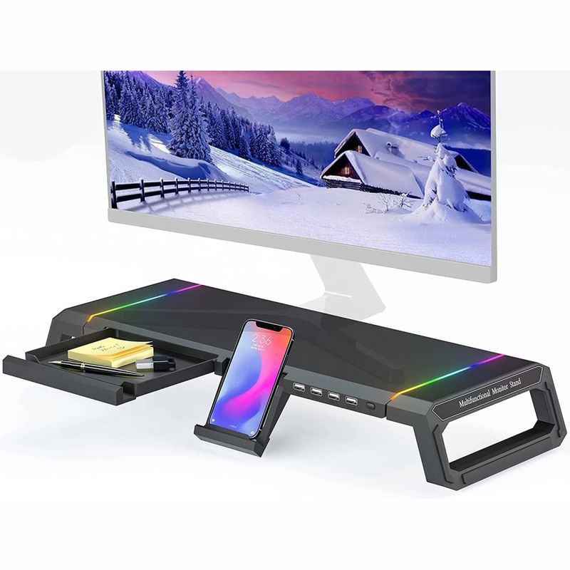 Laptop, Telefoane si Tablete - Laptopuri si accesorii - Accesorii Laptop - Standuri/Coolere notebook - Stand multifunctional pentru monitor/laptop HAWIRE, 7 lumini gaming RGB, 4 porturi USB,  Negru - Infinity.ro