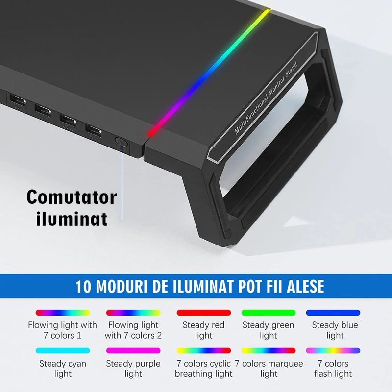 Laptop, Telefoane si Tablete - Laptopuri si accesorii - Accesorii Laptop - Standuri/Coolere notebook - Stand multifunctional pentru monitor/laptop HAWIRE, 7 lumini gaming RGB, 4 porturi USB,  Negru - Infinity.ro