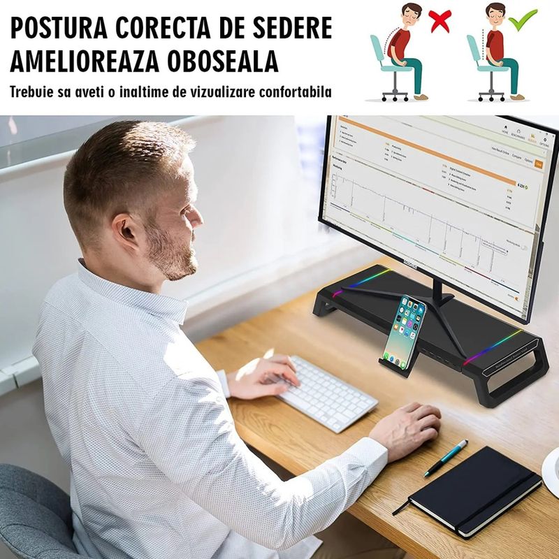 Laptop, Telefoane si Tablete - Laptopuri si accesorii - Accesorii Laptop - Standuri/Coolere notebook - Stand multifunctional pentru monitor/laptop HAWIRE, 7 lumini gaming RGB, 4 porturi USB,  Negru - Infinity.ro