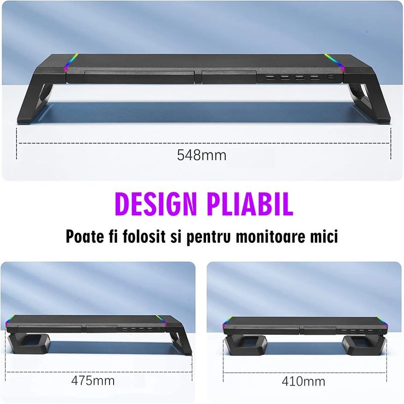 Laptop, Telefoane si Tablete - Laptopuri si accesorii - Accesorii Laptop - Standuri/Coolere notebook - Stand multifunctional pentru monitor/laptop HAWIRE, 7 lumini gaming RGB, 4 porturi USB,  Negru - Infinity.ro