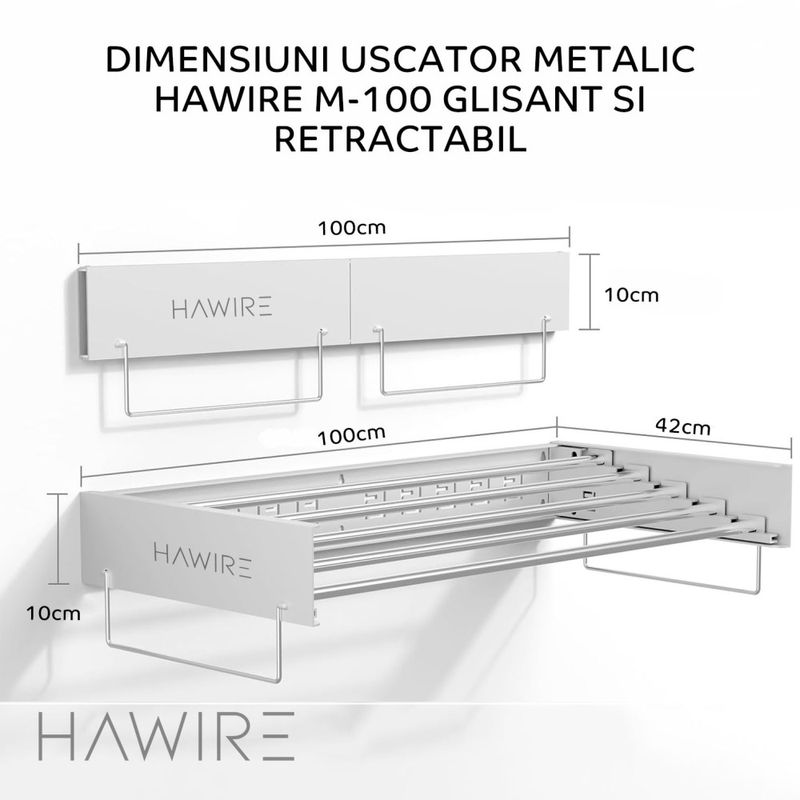 Market - Spalare si intretinere rufe - Uscatoare de rufe si accesorii - Uscator de rufe metalic glisant HAWIRE M-100, Montabil pe perete, Retractabil, 100X40cm, Alb - Infinity.ro
