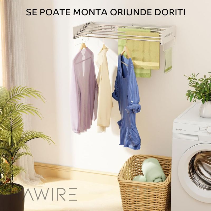 Market - Spalare si intretinere rufe - Uscatoare de rufe si accesorii - Uscator de rufe metalic glisant HAWIRE M-100, Montabil pe perete, Retractabil, 100X40cm, Alb - Infinity.ro