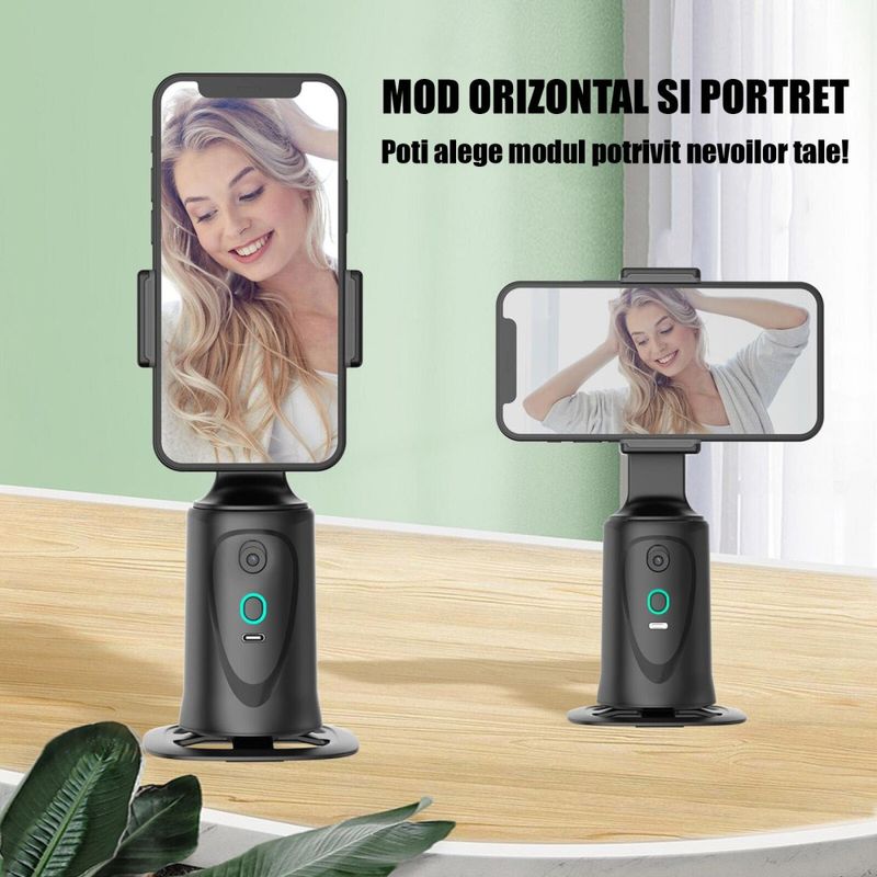 Laptop, Telefoane si Tablete - Telefoane mobile si accesorii - Accesorii Telefoane - Suport si docking telefoane - Suport telefon cu urmarire automata persoane HAWIRE Q9, Rotire 360 grade orizontala, Iluminare LED, Recunoastere faciala - Infinity.ro