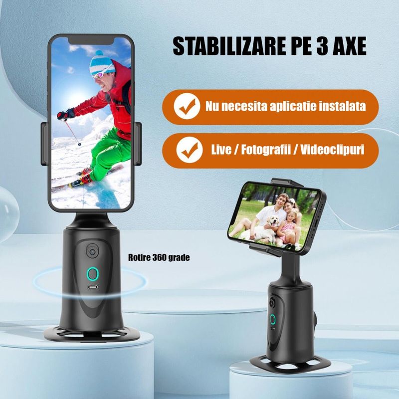 Laptop, Telefoane si Tablete - Telefoane mobile si accesorii - Accesorii Telefoane - Suport si docking telefoane - Suport telefon cu urmarire automata persoane HAWIRE Q9, Rotire 360 grade orizontala, Iluminare LED, Recunoastere faciala - Infinity.ro