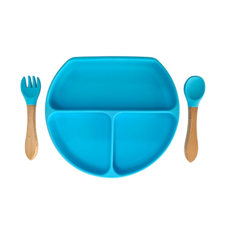 Jucarii, Copii si Bebe - Hrana si alaptare - Biberoane, suzete si accesorii hranire - Articole hranire bebelusi - Set hranire si diversificare bebelusi, silicon, 1 baveta, 1 farfurie, 1 bol cu ventuza, 2 lingurite 2 furculite, 1 cana cu pai, albastru - Infinity.ro