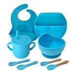 Jucarii, Copii si Bebe - Hrana si alaptare - Biberoane, suzete si accesorii hranire - Articole hranire bebelusi - Set hranire si diversificare bebelusi, silicon, 1 baveta, 1 farfurie, 1 bol cu ventuza, 2 lingurite 2 furculite, 1 cana cu pai, albastru - Infinity.ro