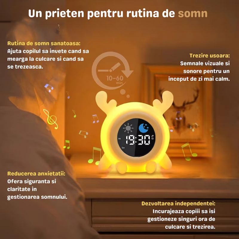 Casa si Gradina - Corpuri si surse de iluminat - Veioze si lampi - Lampi de veghe - Lampa de veghe caprioara multifunctionala Lommad®, telecomanda, alarma, lumina reglabila 7 culori, 1200mAh - Infinity.ro