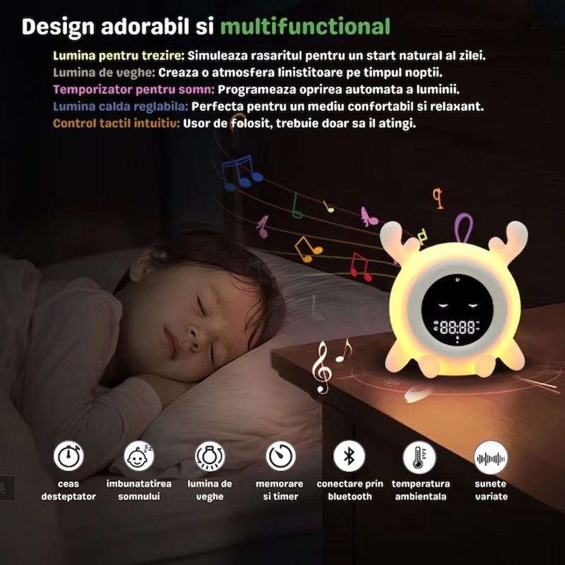 Casa si Gradina - Corpuri si surse de iluminat - Veioze si lampi - Lampi de veghe - Lampa de veghe caprioara multifunctionala Lommad®, telecomanda, alarma, lumina reglabila 7 culori, 1200mAh - Infinity.ro