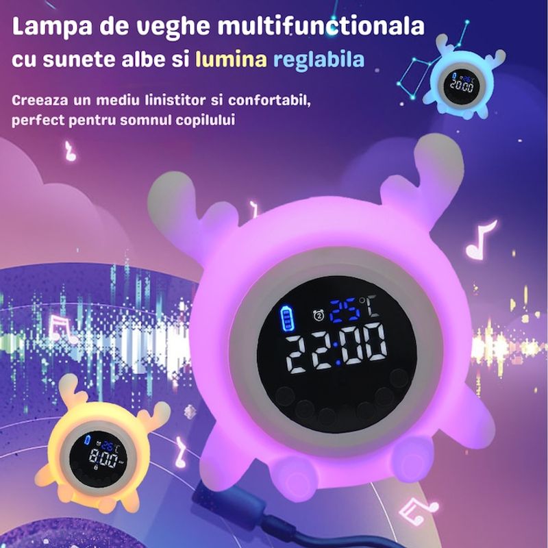 Casa si Gradina - Corpuri si surse de iluminat - Veioze si lampi - Lampi de veghe - Lampa de veghe caprioara multifunctionala Lommad®, telecomanda, alarma, lumina reglabila 7 culori, 1200mAh - Infinity.ro