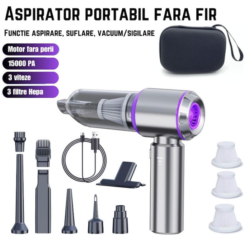 Auto si Moto - Intretinere auto - Aspiratoare auto - Aspirator de mana portabil fara fir, putere mare de aspirare 15000Pa, 3 viteze, baterie 6000mAh, - Infinity.ro