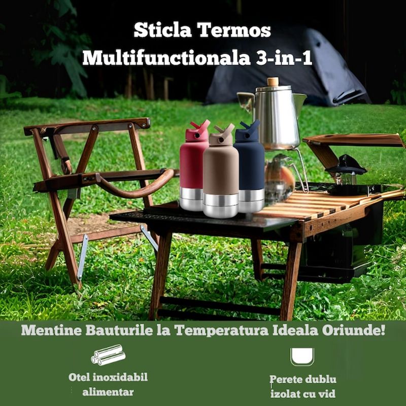 Casa si Gradina - Bucatarie si vesela - Accesorii bar - Termosuri si Cani termos - Sticla termos multifunctionala portabila 3 in 1 Lommad®, Otel Inoxidabil, Izolatie strat dublu cu vid, 1l - Infinity.ro