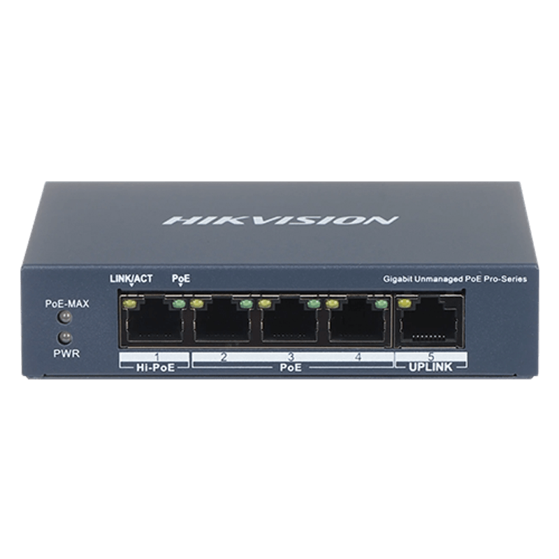 PC, gaming si accesorii - Retelistica - Switch-uri - Switch-uri fara management - Switch 3 porturi PoE 1G, 1 port Hi-PoE 1G, 1 port RJ45 1G - HIKVISION DS-3E0505HP-E - Infinity.ro