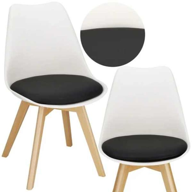 Casa si Gradina - Mobilier - Scaune si fotolii - Scaune - Set 2 Scaune cu Picioare din Lemn de Fag, Sezut din PP si Perna din Piele Ecologica, 49 x 43 x 82 cm, Alb cu Negru - Infinity.ro