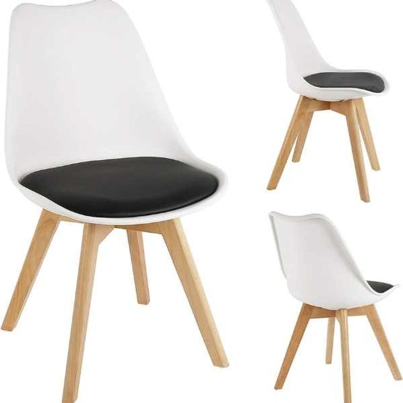 Casa si Gradina - Mobilier - Scaune si fotolii - Scaune - Set 2 Scaune cu Picioare din Lemn de Fag, Sezut din PP si Perna din Piele Ecologica, 49 x 43 x 82 cm, Alb cu Negru - Infinity.ro
