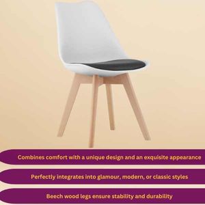 Set 2 Scaune cu Picioare din Lemn de Fag, Sezut din PP si Perna din Piele Ecologica, 49 x 43 x 82 cm, Alb cu Negru
