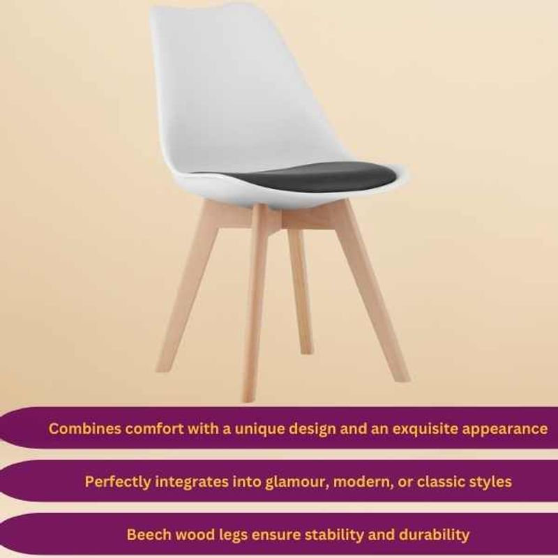 Casa si Gradina - Mobilier - Scaune si fotolii - Scaune - Set 2 Scaune cu Picioare din Lemn de Fag, Sezut din PP si Perna din Piele Ecologica, 49 x 43 x 82 cm, Alb cu Negru - Infinity.ro