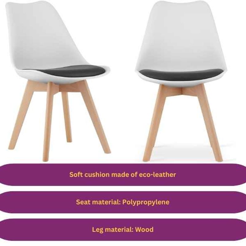 Casa si Gradina - Mobilier - Scaune si fotolii - Scaune - Set 2 Scaune cu Picioare din Lemn de Fag, Sezut din PP si Perna din Piele Ecologica, 49 x 43 x 82 cm, Alb cu Negru - Infinity.ro