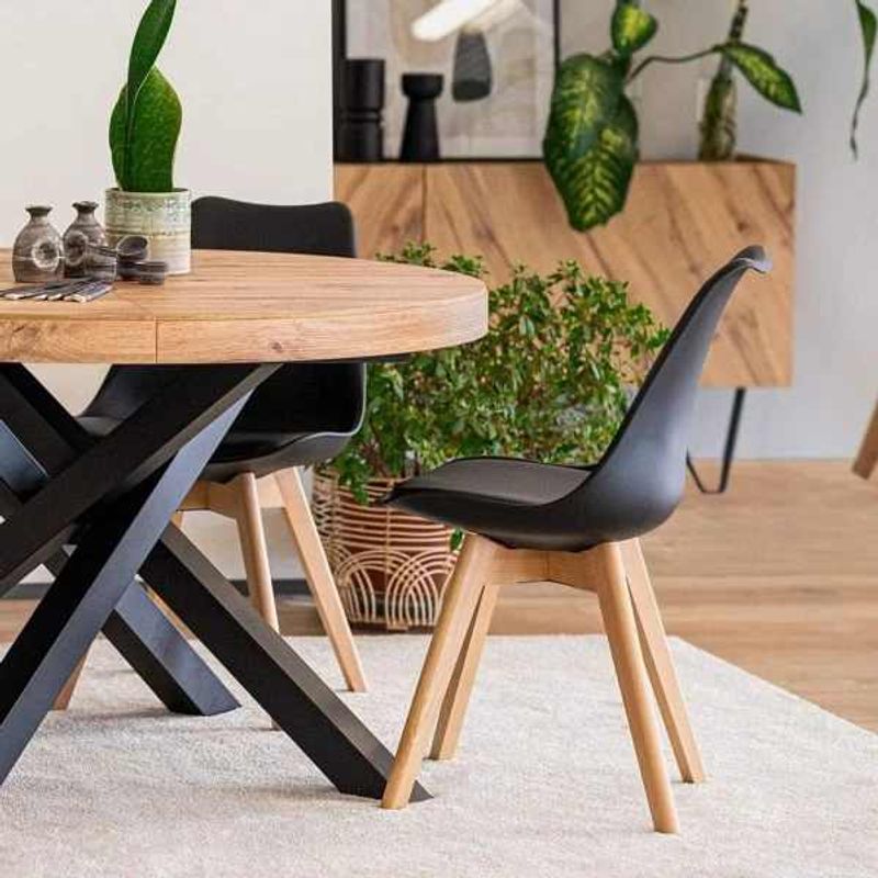 Casa si Gradina - Mobilier - Scaune si fotolii - Scaune - Set 2 Scaune cu Picioare din Lemn de Fag, Sezut din PP si Perna din Piele Ecologica, 49 x 43 x 82 cm, Negru cu Maro - Infinity.ro