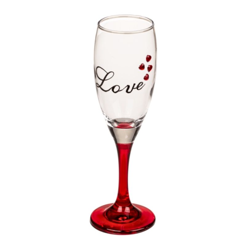 Casa si Gradina - Bucatarie si vesela - Cani si pahare - Pahare - Set 2 pahare, de sampanie, cu inimioare, baza rosie, mesaj Love, 20 cm - Infinity.ro