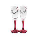 Casa si Gradina - Bucatarie si vesela - Cani si pahare - Pahare - Set 2 pahare, de sampanie, cu inimioare, baza rosie, mesaj Love, 20 cm - Infinity.ro