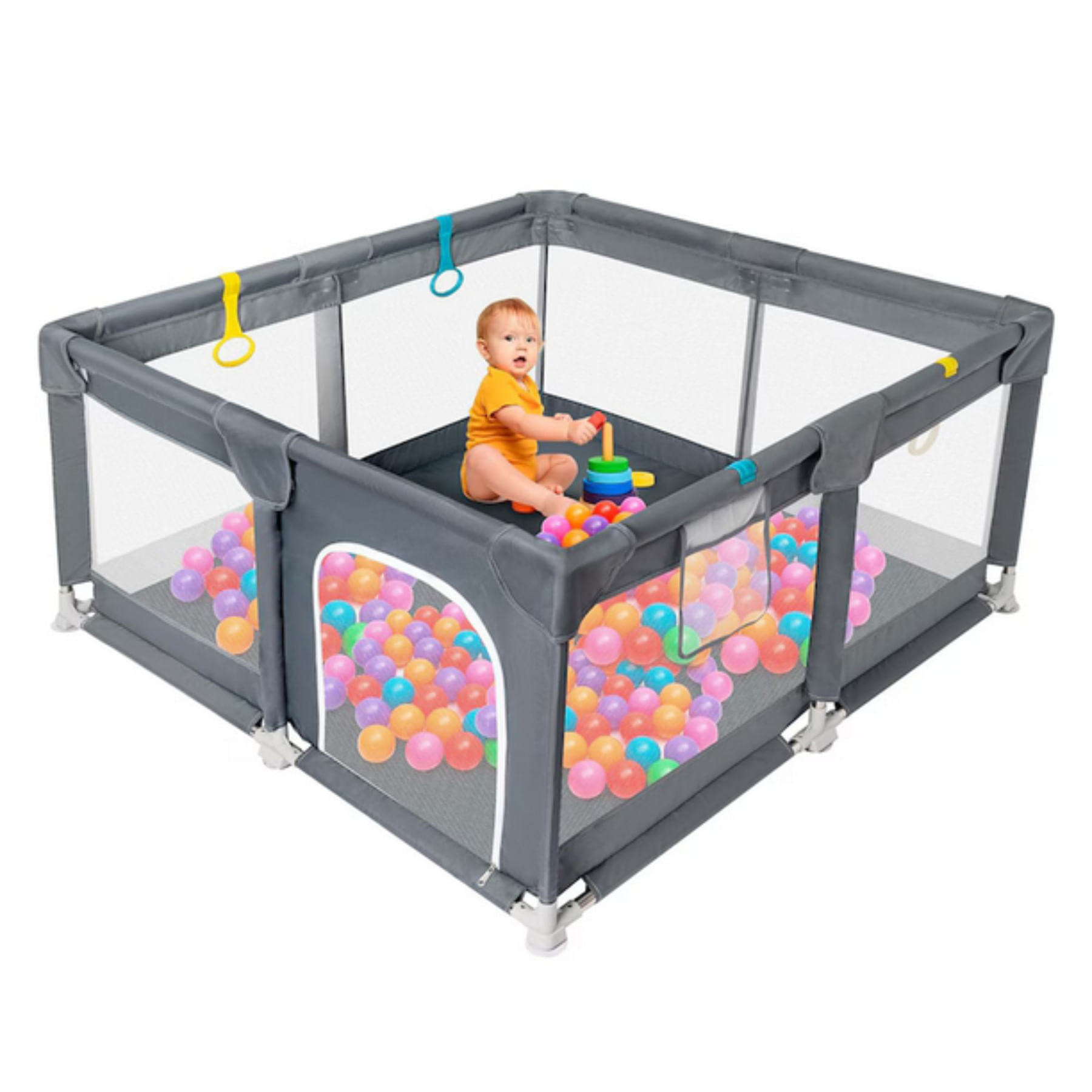 Tarc de joaca pentru copii, HappyKID, plasa de protectie si usa cu fermoar, 150x180xcm, gri
