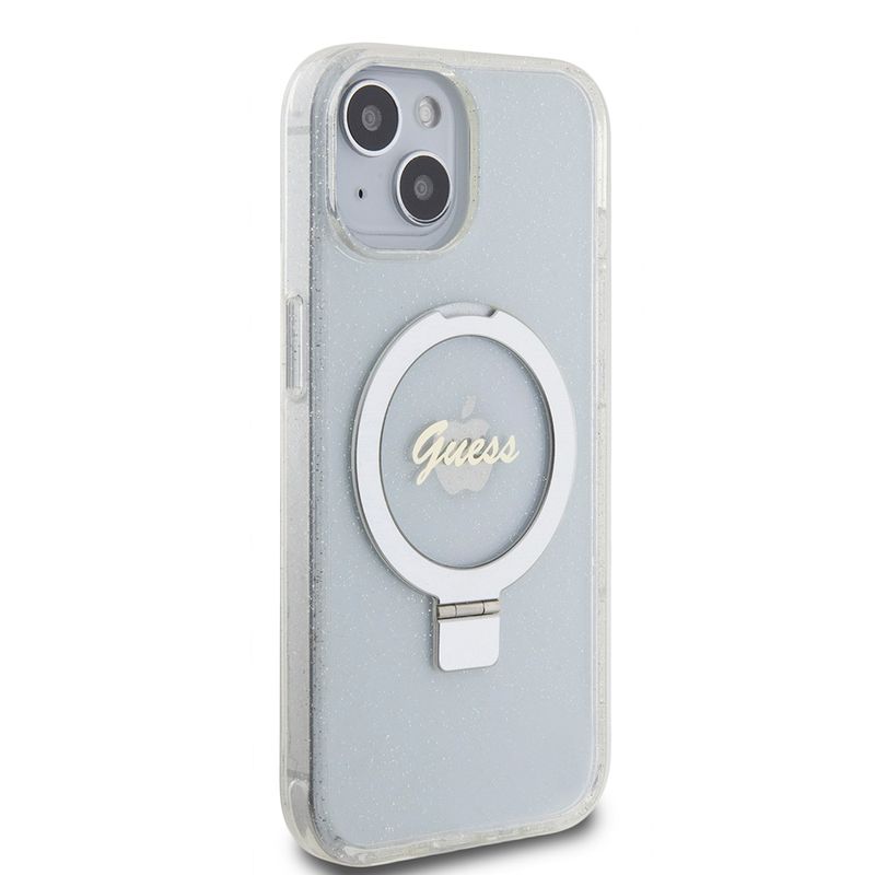 Laptop, Telefoane si Tablete - Telefoane mobile si accesorii - Accesorii Telefoane - Huse telefoane - Husa pentru iPhone 15 - Guess Ring Stand Script Glitter MagSafe (GUHMP15SHRSGSD) - Transparent - Infinity.ro