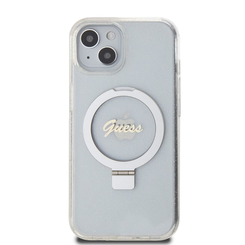 Laptop, Telefoane si Tablete - Telefoane mobile si accesorii - Accesorii Telefoane - Huse telefoane - Husa pentru iPhone 15 - Guess Ring Stand Script Glitter MagSafe (GUHMP15SHRSGSD) - Transparent - Infinity.ro