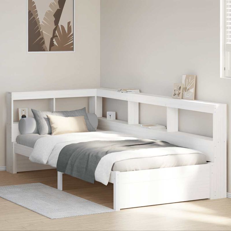 Casa si Gradina - Mobilier - Paturi si accesorii - Paturi - Pat cu biblioteca fara saltea, alb, 75x190 cm, lemn masiv pin - Infinity.ro