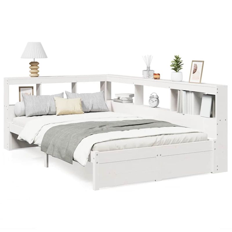 Casa si Gradina - Mobilier - Paturi si accesorii - Paturi - Pat cu biblioteca fara saltea, alb, 90x190 cm, lemn masiv pin - Infinity.ro