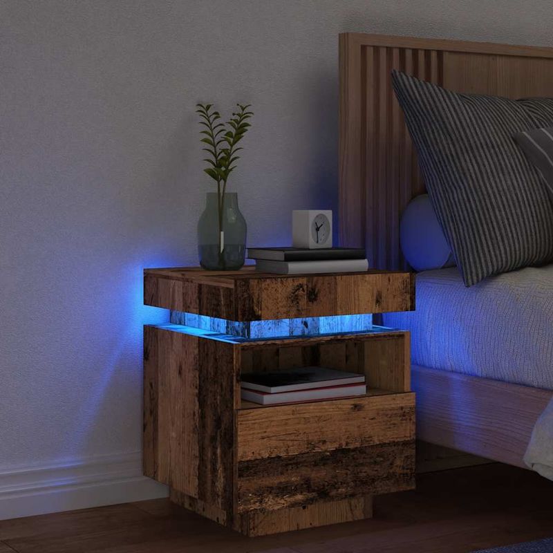 Casa si Gradina - Mobilier - Comode si corpuri - Noptiere - Noptiera cu lumini LED, lemn vechi, 40x39x48,5 cm - Infinity.ro