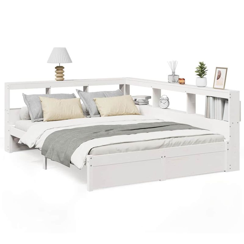 Casa si Gradina - Mobilier - Paturi si accesorii - Paturi - Pat cu biblioteca fara saltea, alb, 150x200 cm, lemn masiv pin - Infinity.ro