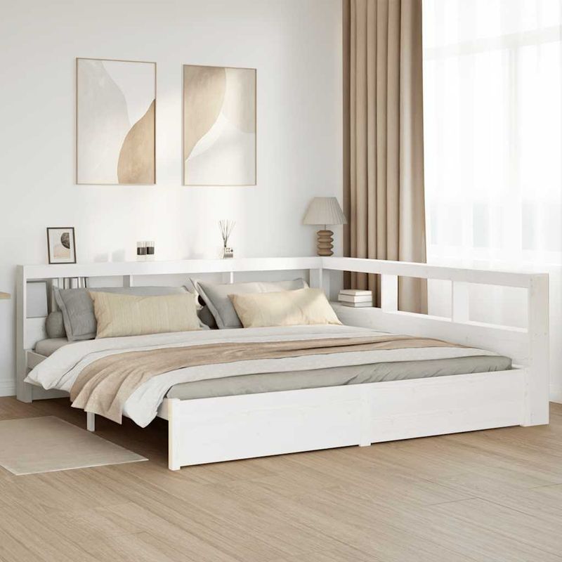 Casa si Gradina - Mobilier - Paturi si accesorii - Paturi - Pat cu biblioteca fara saltea, alb, 200x200 cm, lemn masiv pin - Infinity.ro