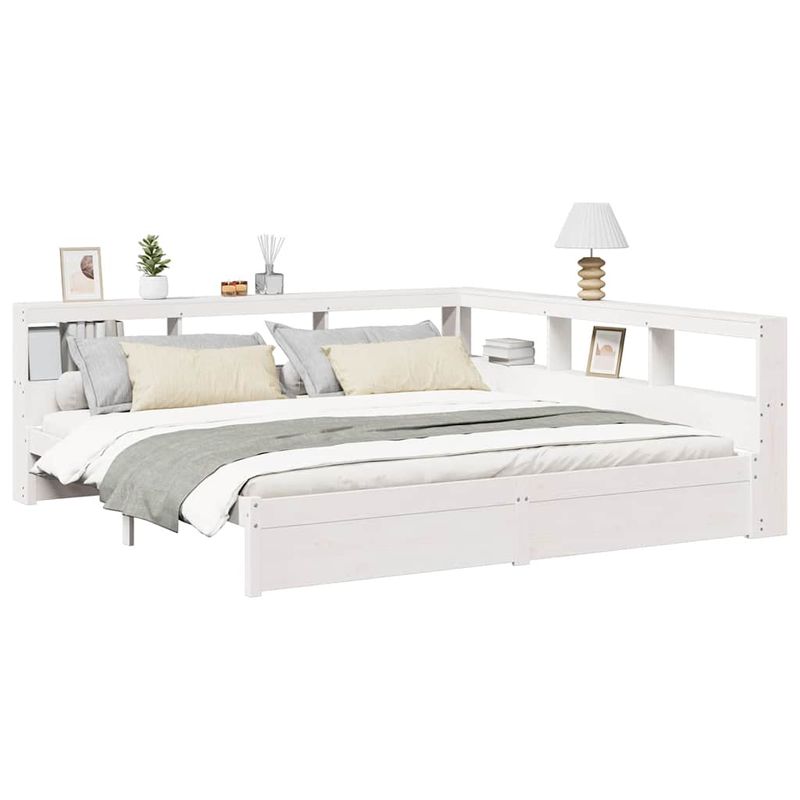 Casa si Gradina - Mobilier - Paturi si accesorii - Paturi - Pat cu biblioteca fara saltea, alb, 200x200 cm, lemn masiv pin - Infinity.ro