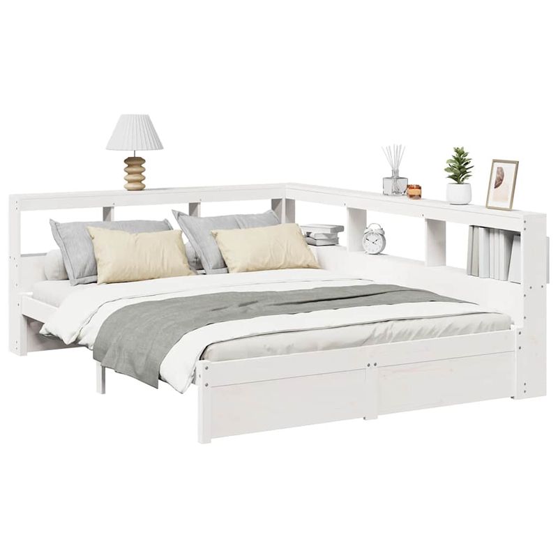 Casa si Gradina - Mobilier - Paturi si accesorii - Paturi - Pat cu biblioteca fara saltea, alb, 140x190 cm, lemn masiv pin - Infinity.ro