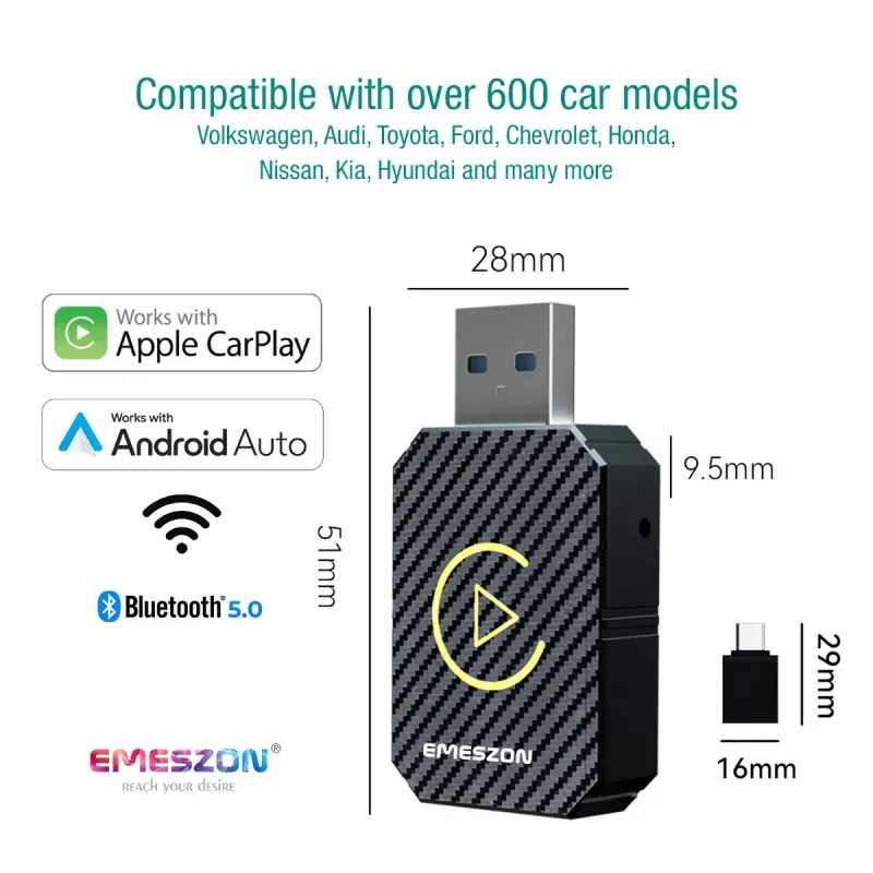 Auto si Moto - Electronice auto - Accesorii electronice auto - Adaptor auto Wireless CarPlay si Android Auto, Emeszon®, FC1, USB, Type-C, Wifi 5.8GHz, Bluetooth 5, fibra carbon, negru - Infinity.ro