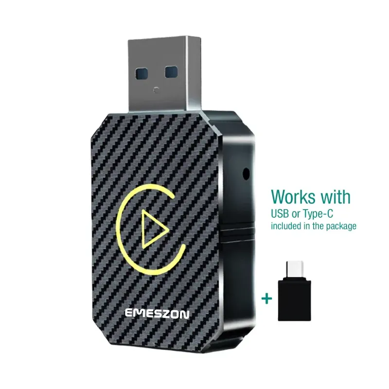 Auto si Moto - Electronice auto - Accesorii electronice auto - Adaptor auto Wireless CarPlay si Android Auto, Emeszon®, FC1, USB, Type-C, Wifi 5.8GHz, Bluetooth 5, fibra carbon, negru - Infinity.ro