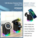 Laptop, Telefoane si Tablete - Telefoane mobile si accesorii - Accesorii Telefoane - Incarcatoare telefoane - Statie Incarcare Wireless Magsafe 15W RGB ET15, Emeszon®, Compatibil cu iPhone, AirPords, Apple Watch, Samsung, Negru - Infinity.ro